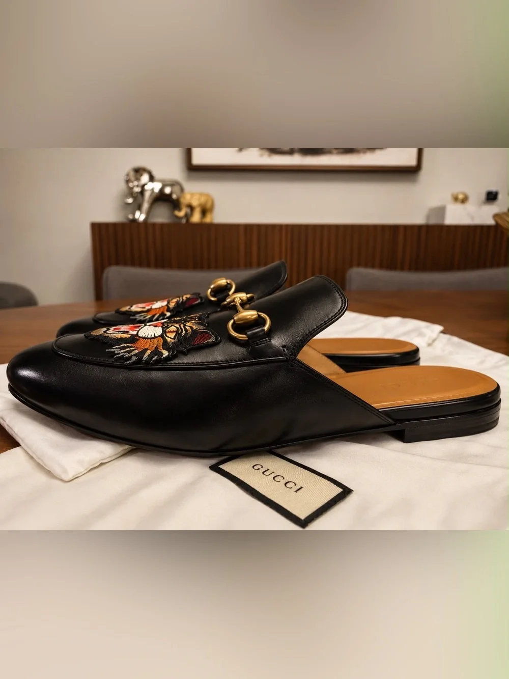 Authentic Gucci Princetown Tiger Embroidered Leather Mules Horsebit